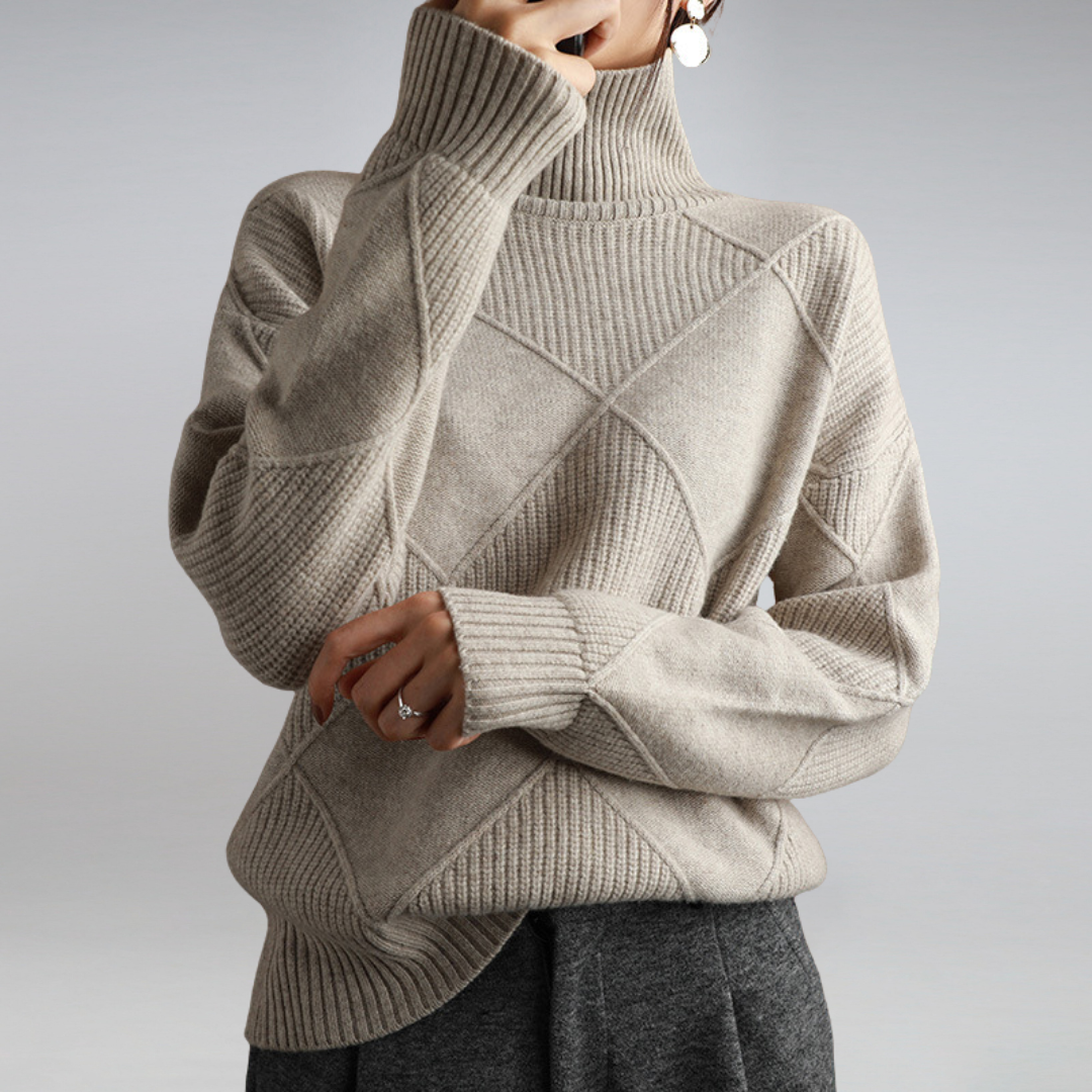 Women's geometric diamond turtleneck sweater with long sleeves and ribbed trims