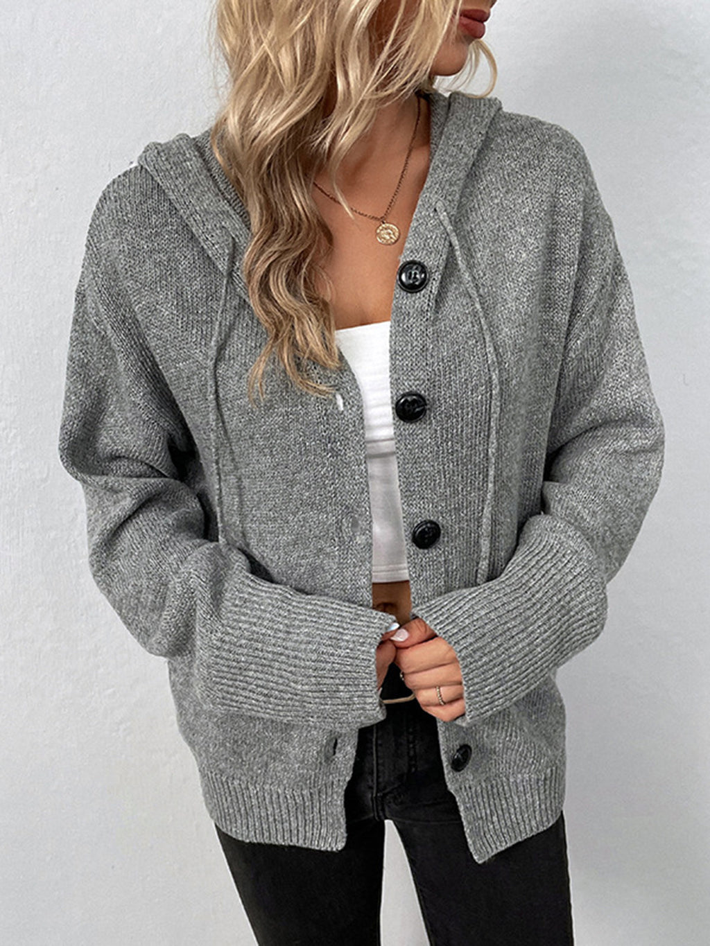 Women's Hooded Button-Front Relaxed Knit Cardigan