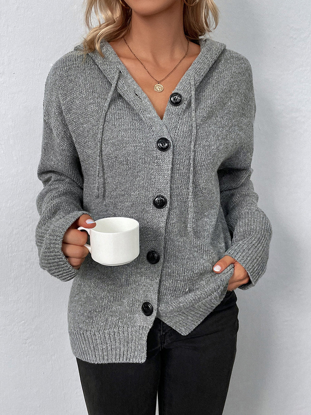 Women's Hooded Button-Front Relaxed Knit Cardigan