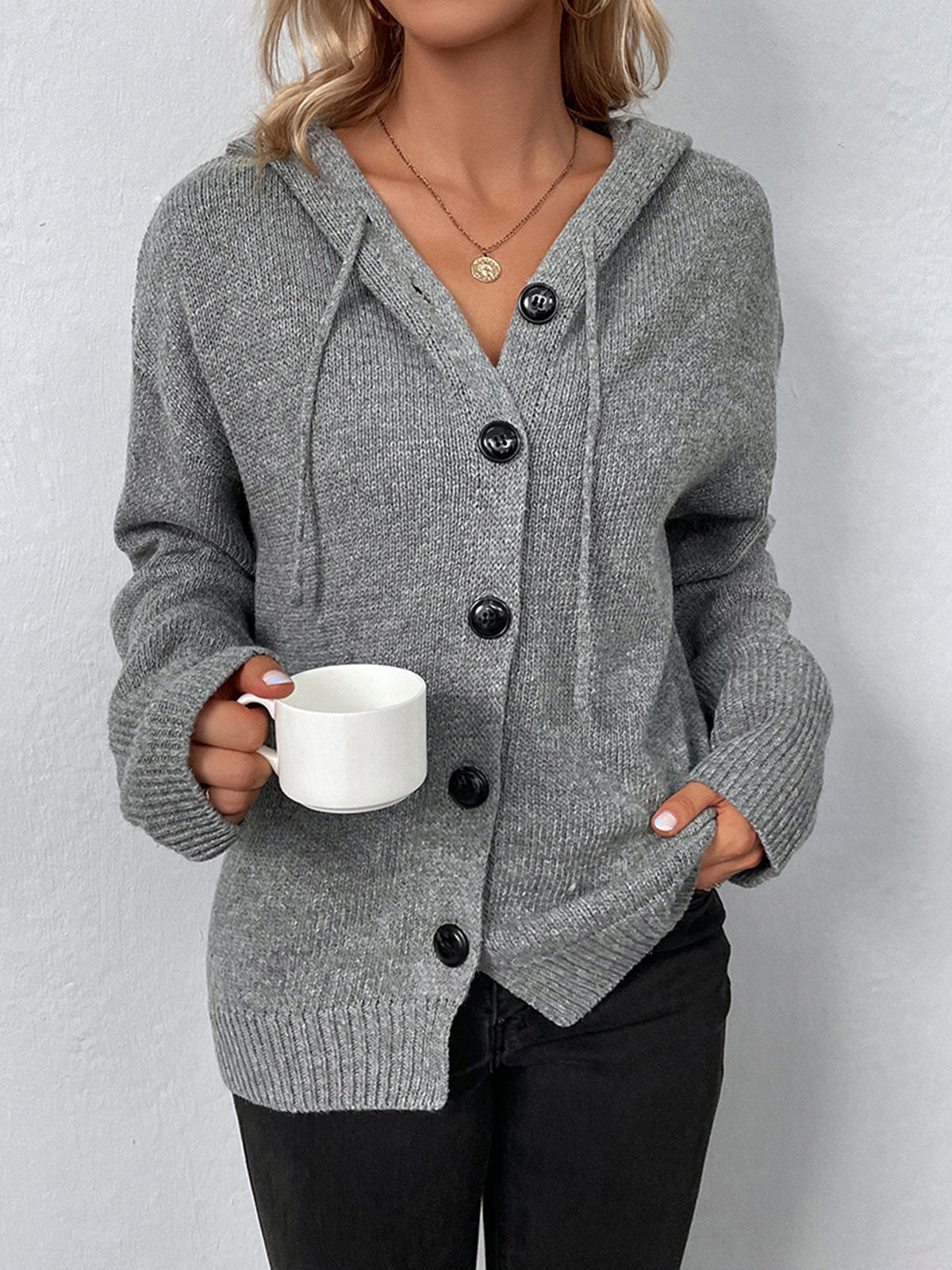 Women's Hooded Button-Front Relaxed Knit Cardigan