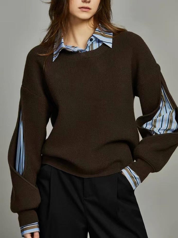 Women's Striped Shirt Layered Look Oversized Jumper