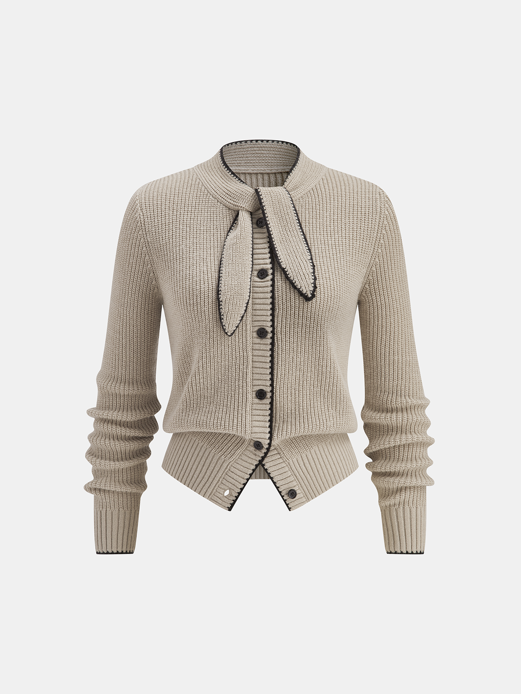 Women's Scarf Tie Neck Contrast Trim Knit Cardigan