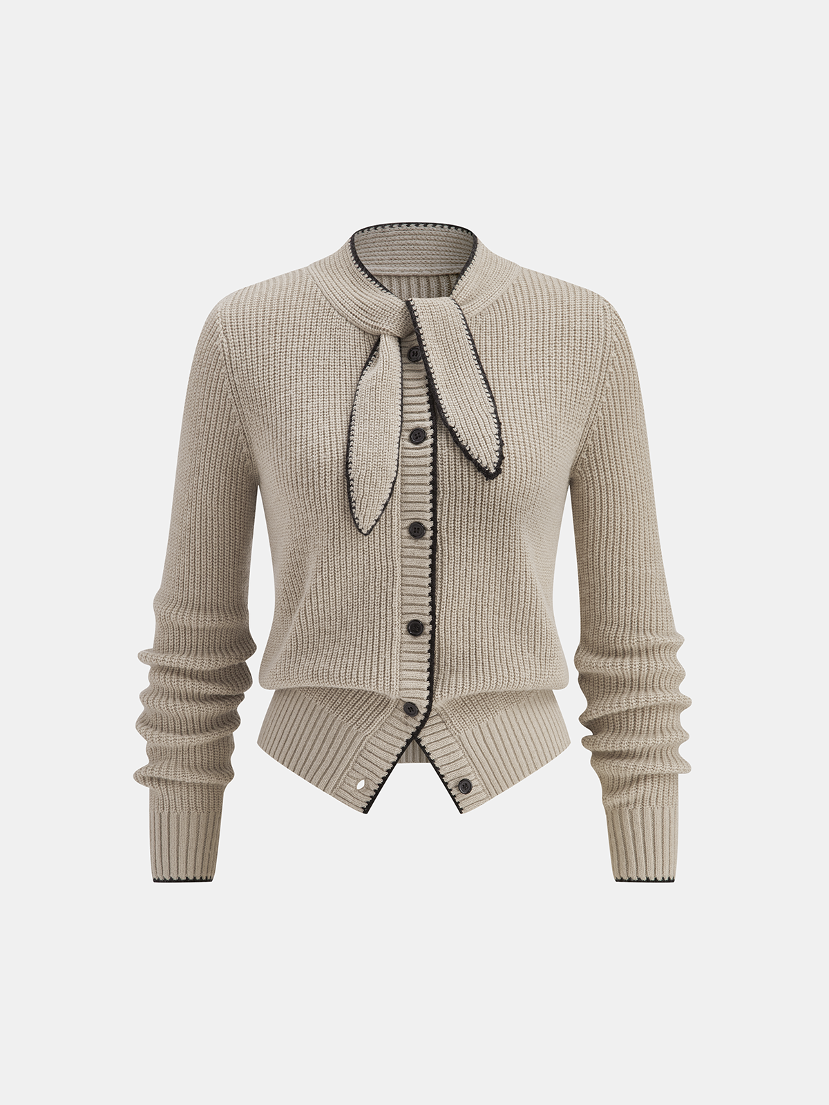 Women's Scarf Tie Neck Contrast Trim Knit Cardigan