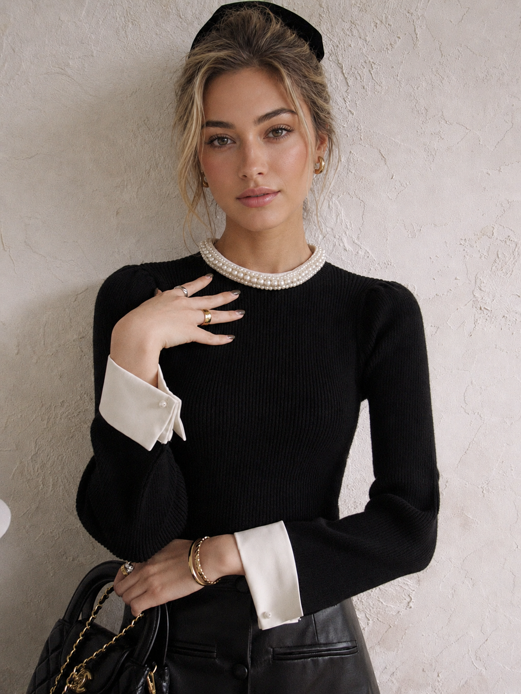 Women's Pearl Neckline Contrast Cuff Ribbed Knit Top