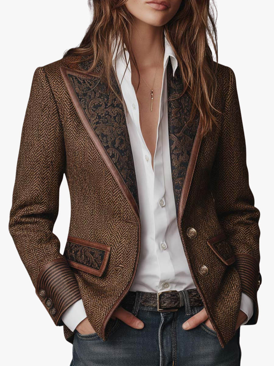 Women's Herringbone Blazer with Paisley Jacquard Lapels