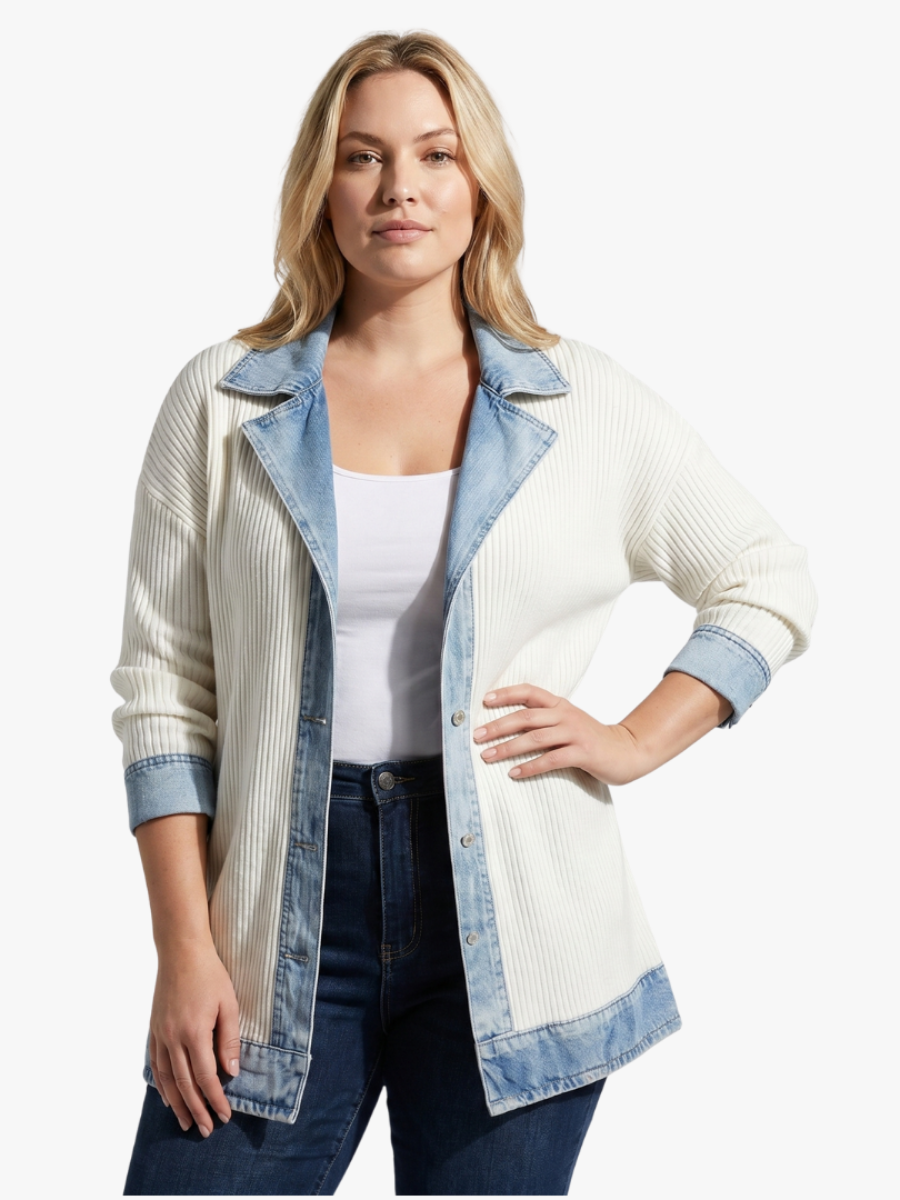 Cardigan tricoté côtelé pour femme avec col bordé de denim