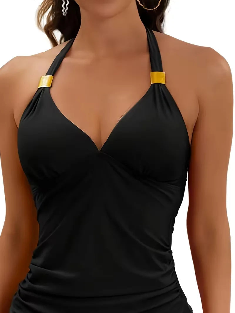Ensemble tankini de bain dos nu à col en V avec détail anneau