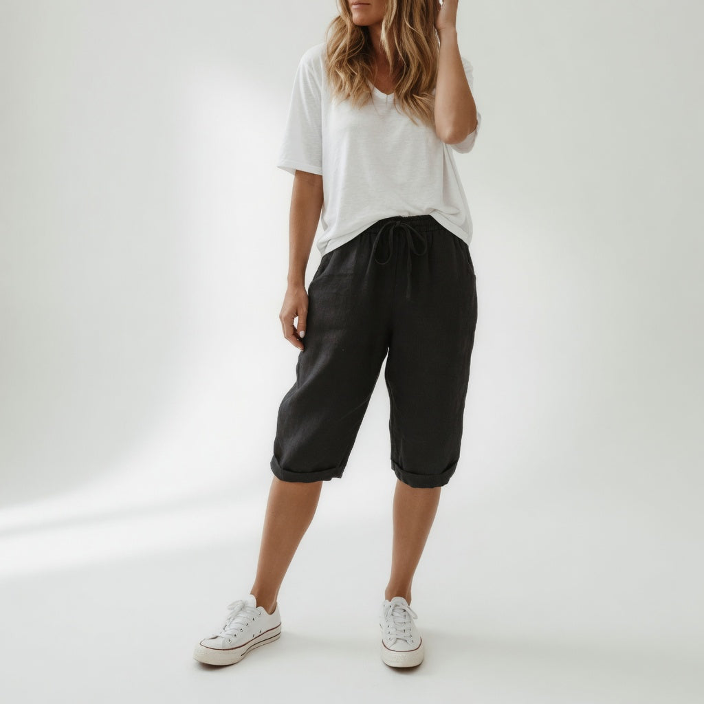 Drawstring Rolled Hem Cropped Linen Trousers