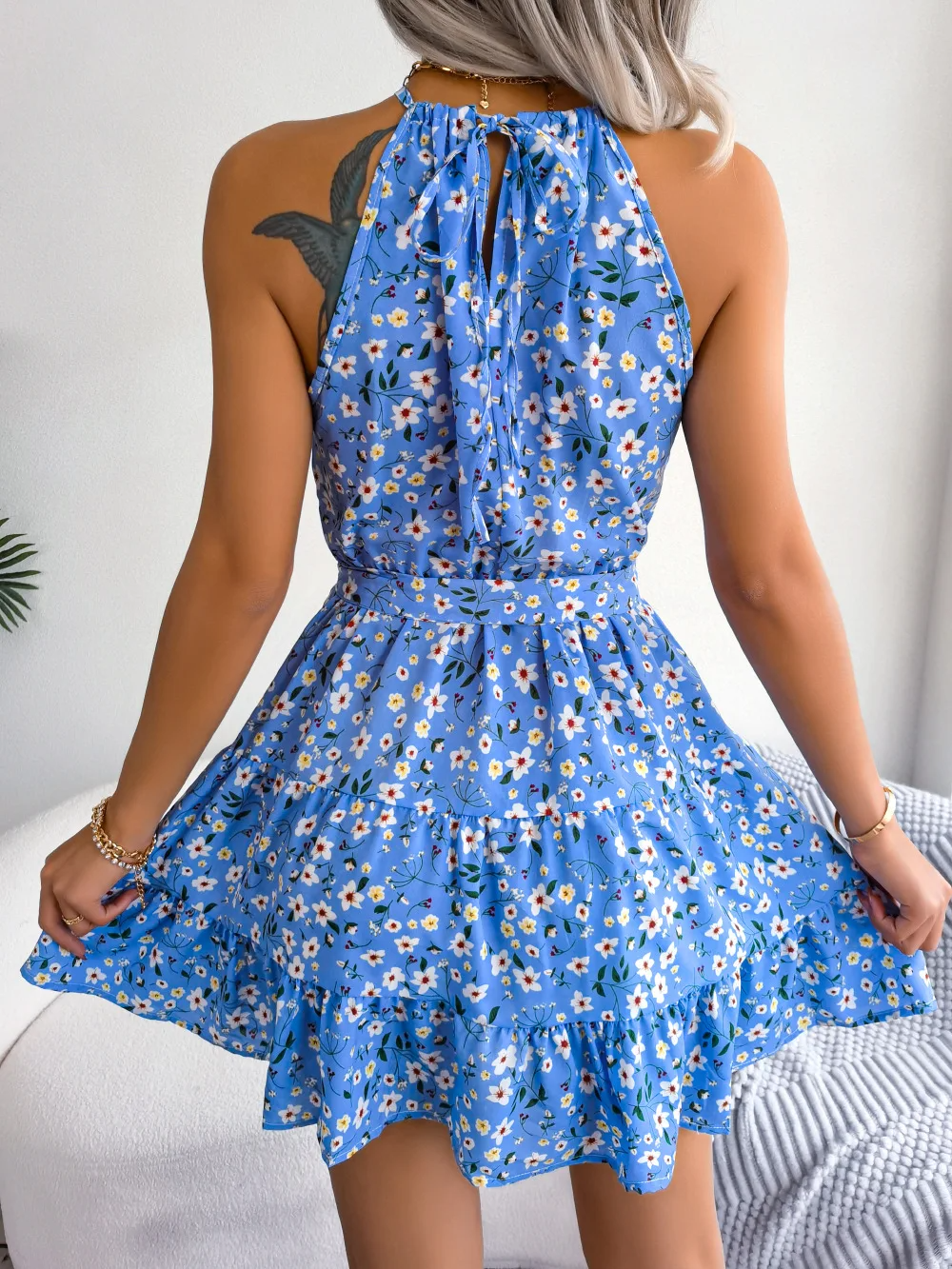Mini Dress – Floral Halter Neck Tiered Style