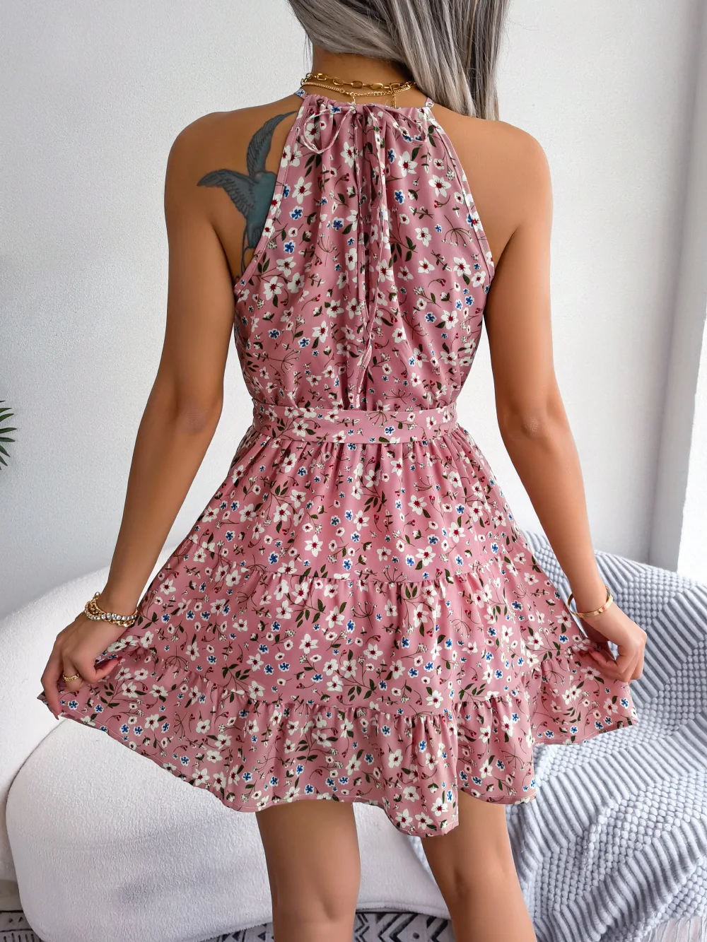 Mini Dress – Floral Halter Neck Tiered Style