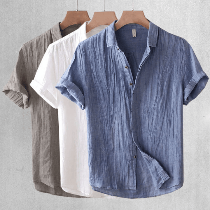 Chemise en lin à manches courtes, boutonnée velours