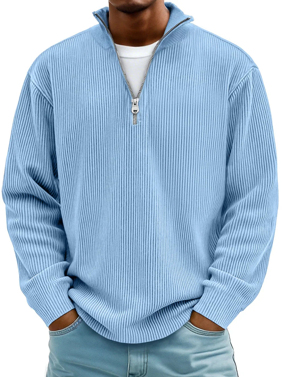 Men's ribbed mock-neck half-zip sweater with long sleeves