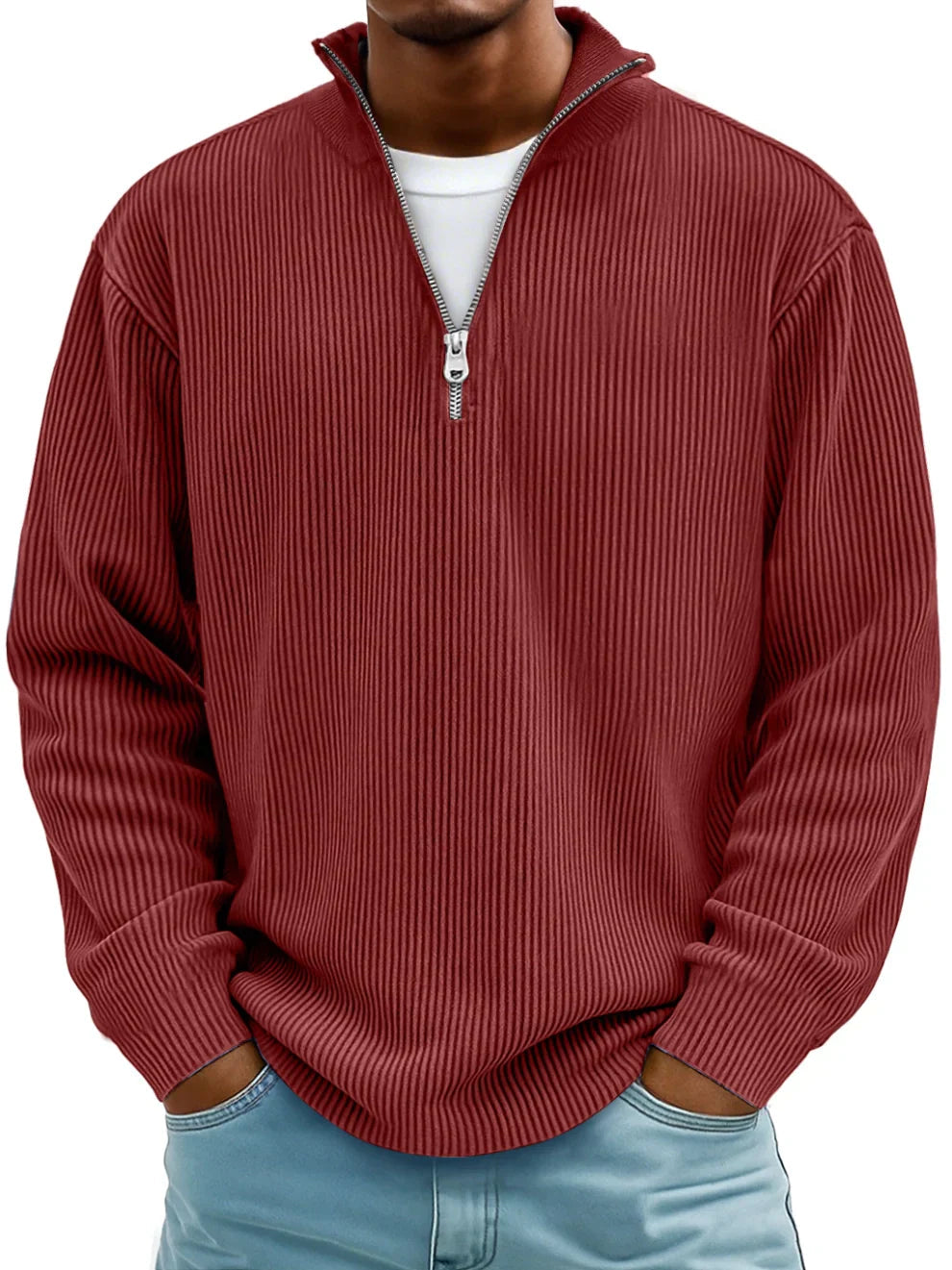 Men's ribbed mock-neck half-zip sweater with long sleeves