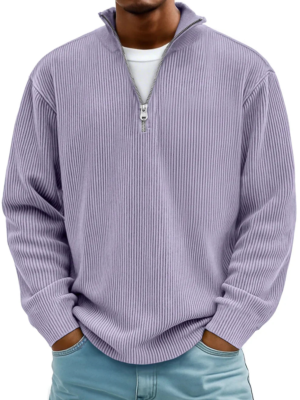 Men's ribbed mock-neck half-zip sweater with long sleeves