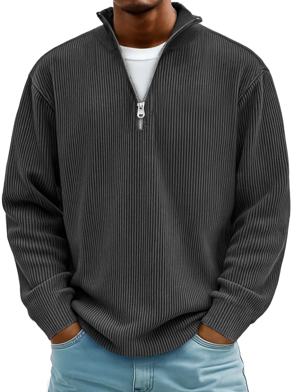 Men's ribbed mock-neck half-zip sweater with long sleeves