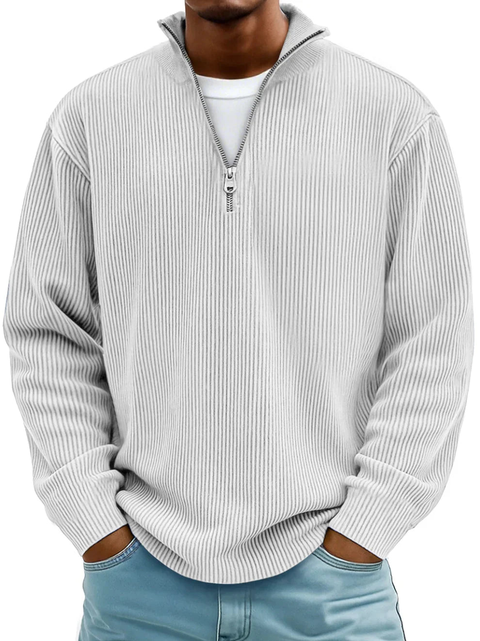 Men's ribbed mock-neck half-zip sweater with long sleeves
