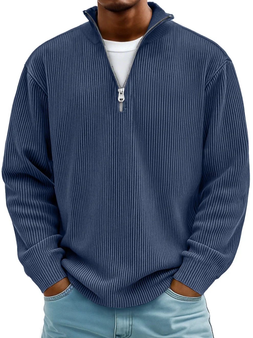 Men's ribbed mock-neck half-zip sweater with long sleeves