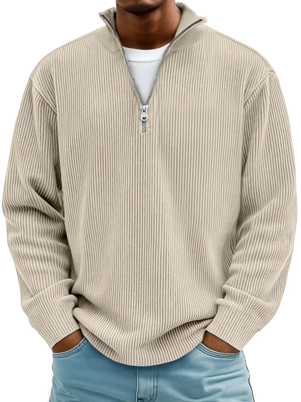 Men's ribbed mock-neck half-zip sweater with long sleeves