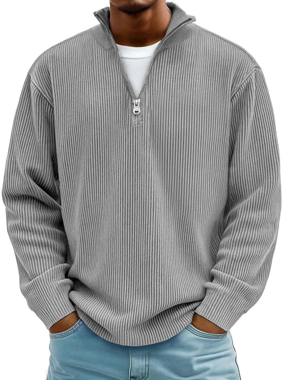 Men's ribbed mock-neck half-zip sweater with long sleeves