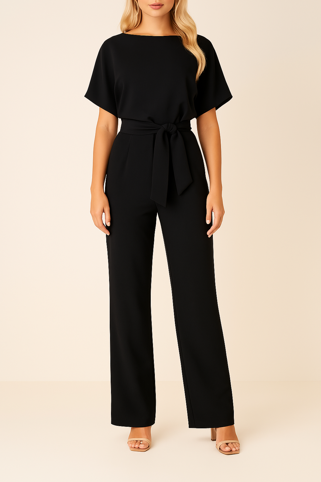 Belted Round Neck Wide Leg Jumpsuit