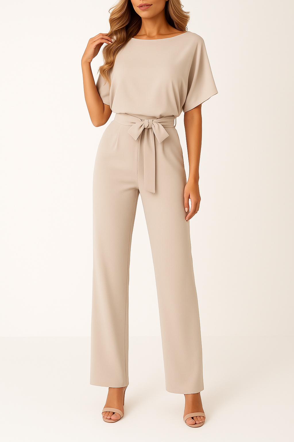 Belted Round Neck Wide Leg Jumpsuit