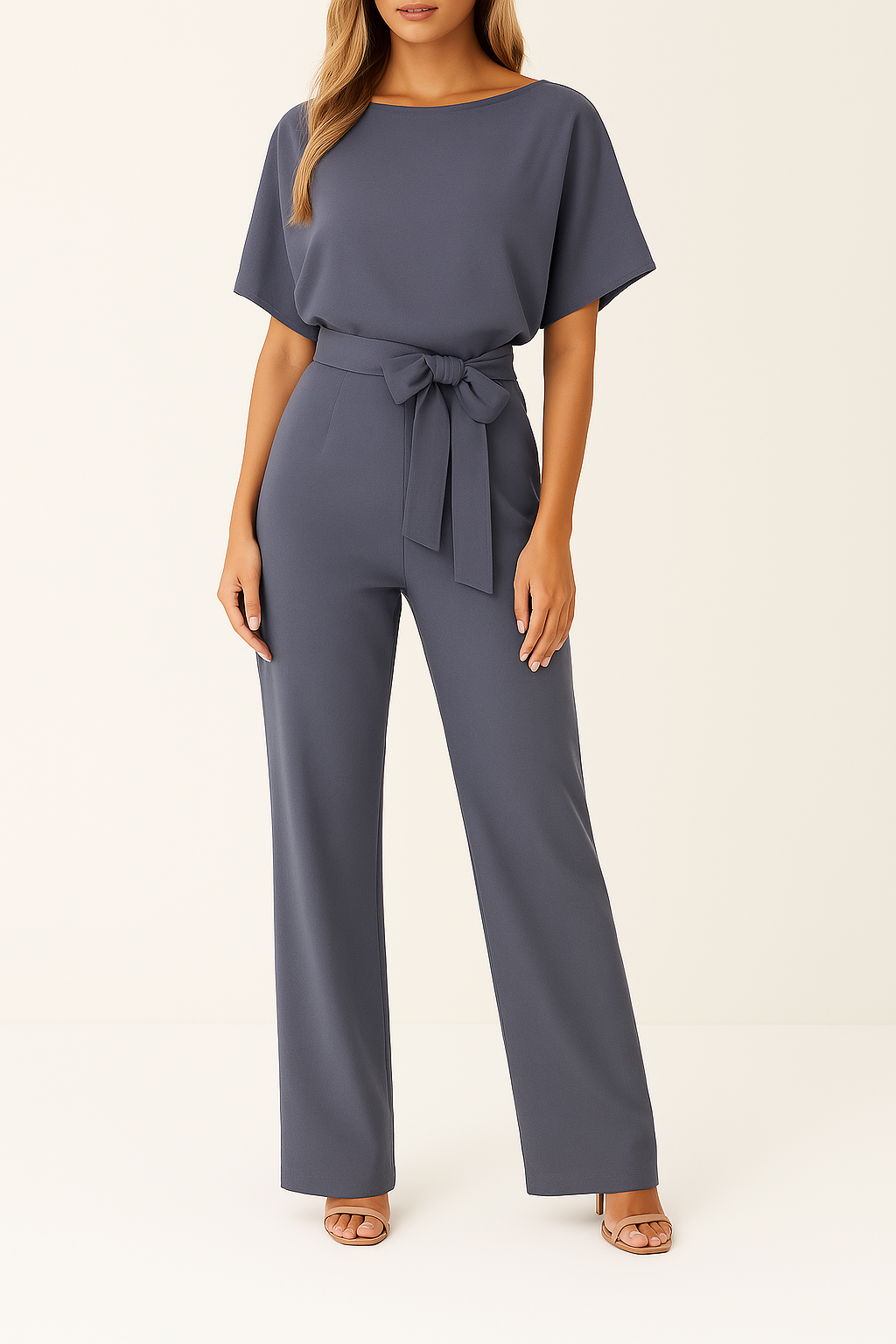 Belted Round Neck Wide Leg Jumpsuit