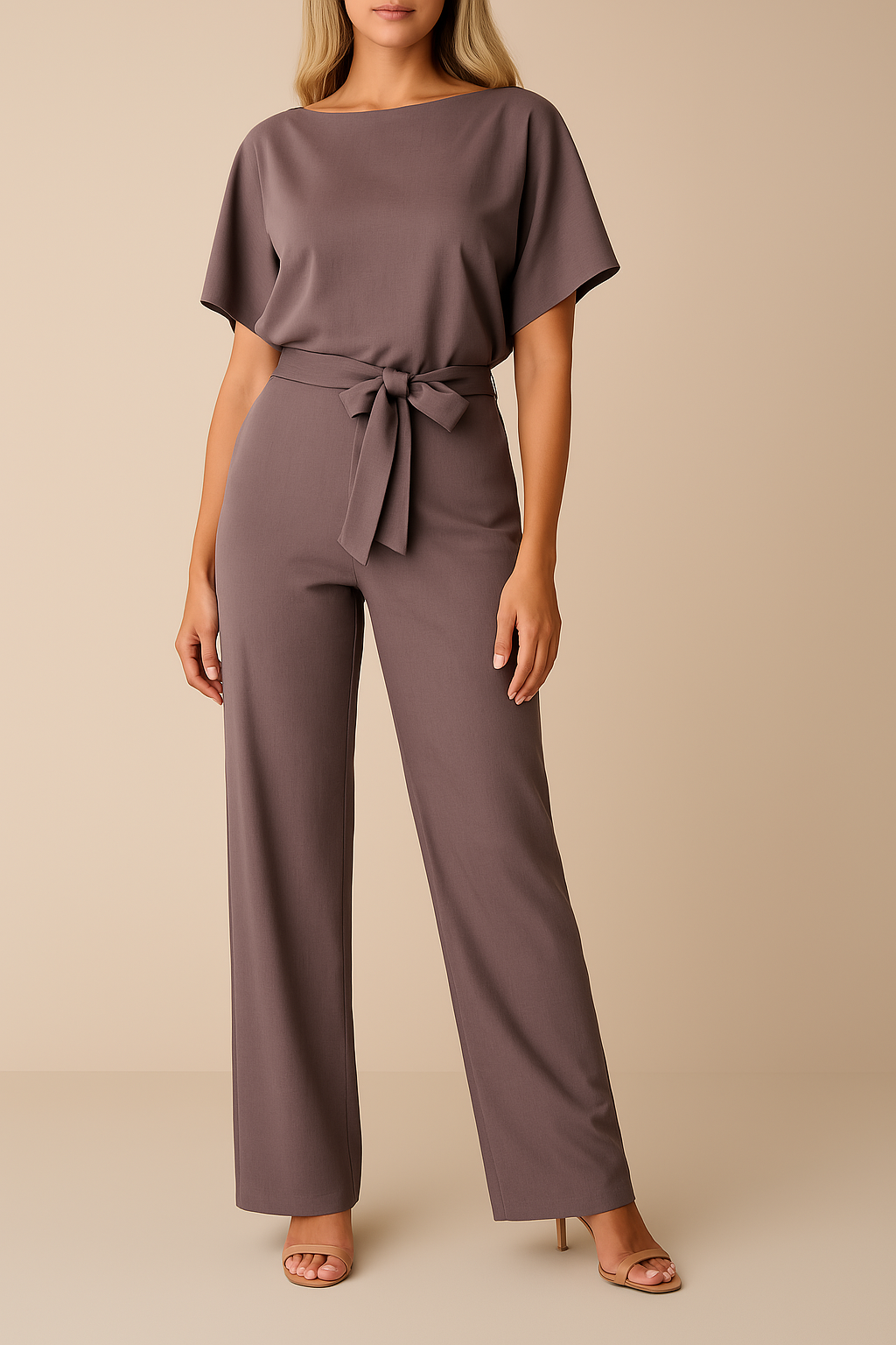 Belted Round Neck Wide Leg Jumpsuit