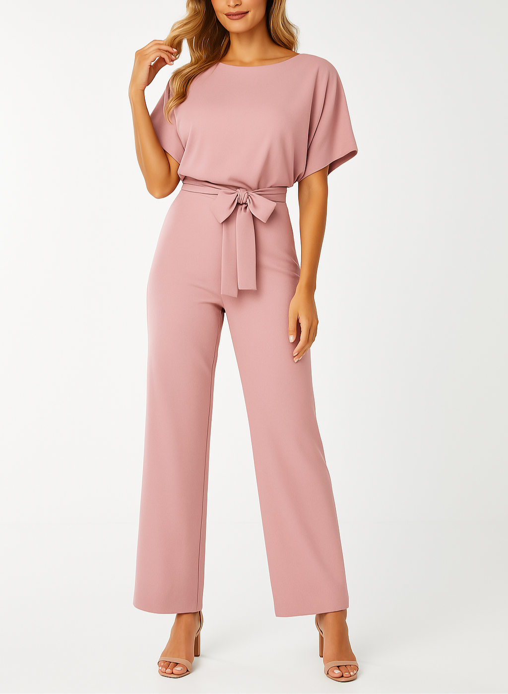 Belted Round Neck Wide Leg Jumpsuit