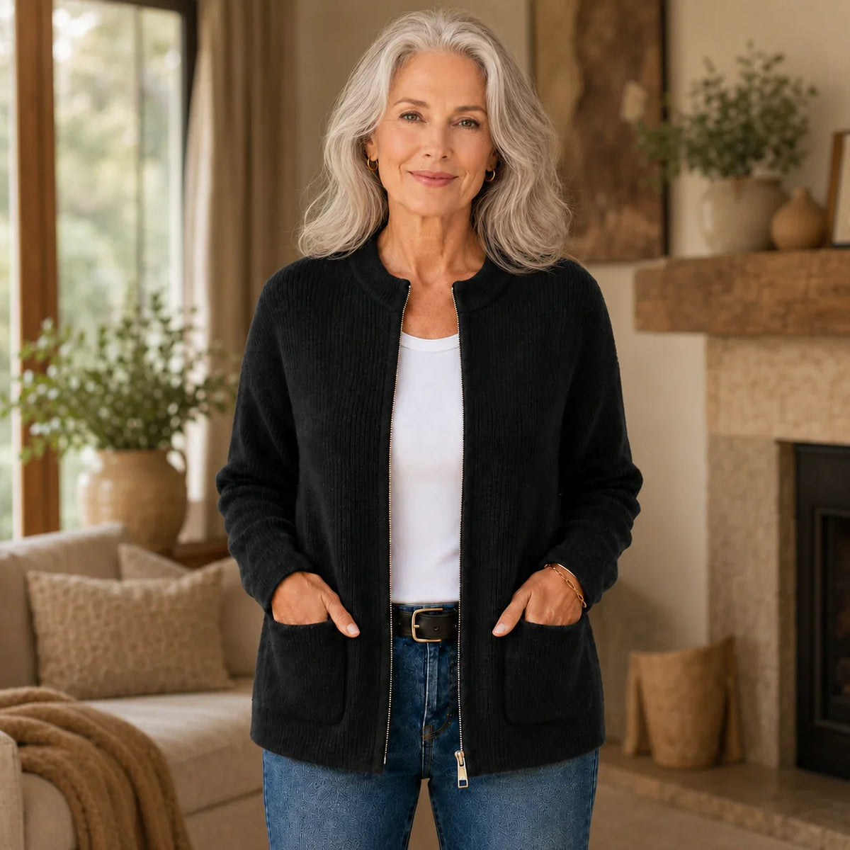 Women's ribbed cardigan with crew neckline, zip front, long sleeves and patch pockets