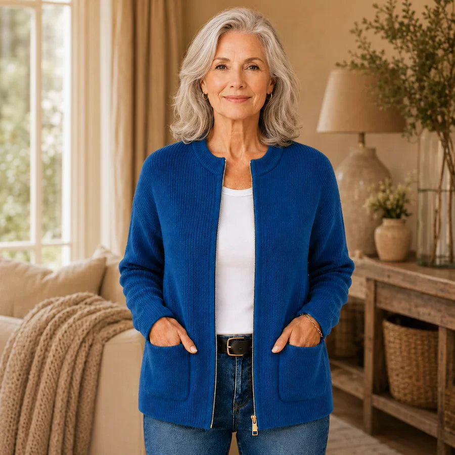 Women's ribbed cardigan with crew neckline, zip front, long sleeves and patch pockets