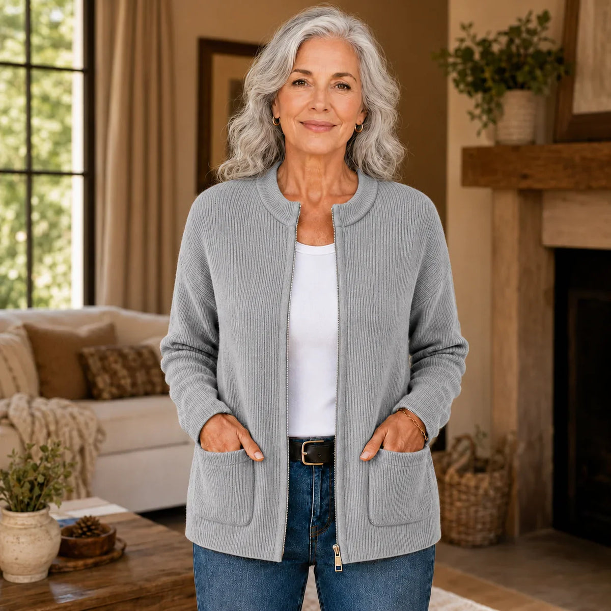 Women's ribbed cardigan with crew neckline, zip front, long sleeves and patch pockets