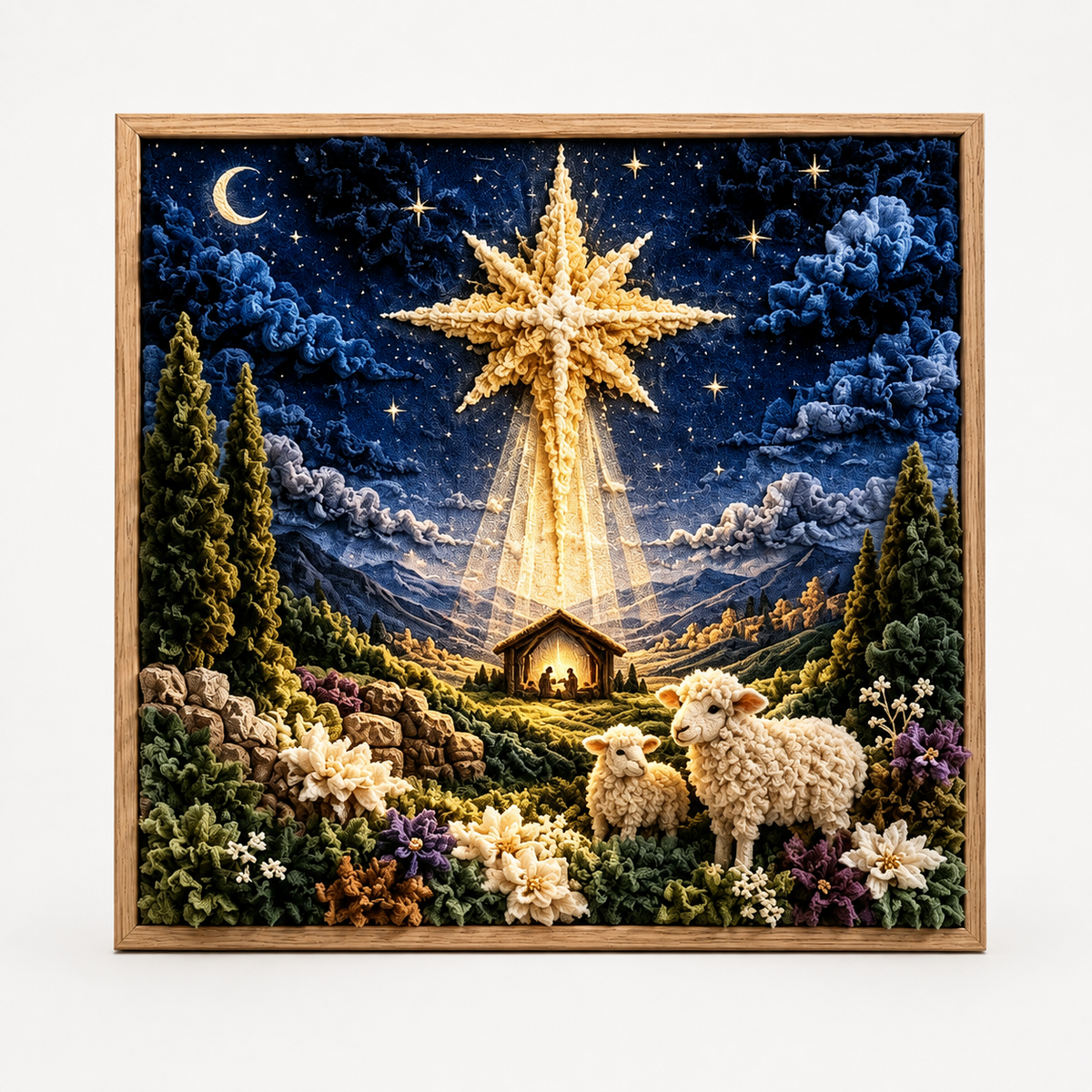 Framed multicolor fabric poke art nativity scene with stars, flowers and animals