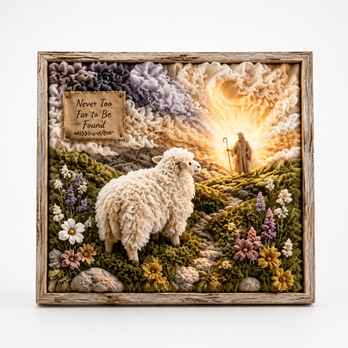 Framed multicolor fabric poke art nativity scene with stars, flowers and animals