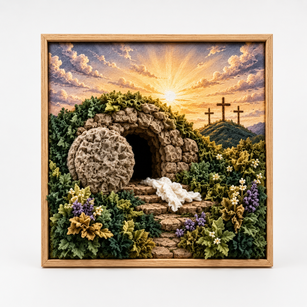 Framed multicolor fabric poke art nativity scene with stars, flowers and animals
