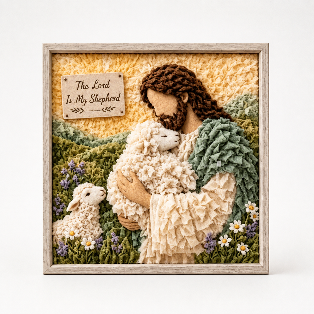 Framed multicolor fabric poke art nativity scene with stars, flowers and animals