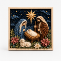 Framed multicolor fabric poke art nativity scene with stars, flowers and animals