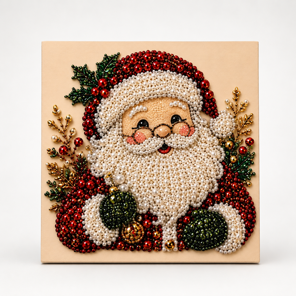 Christmas Santa raised-bead art kit on a square board with applicator pen and sorting tray