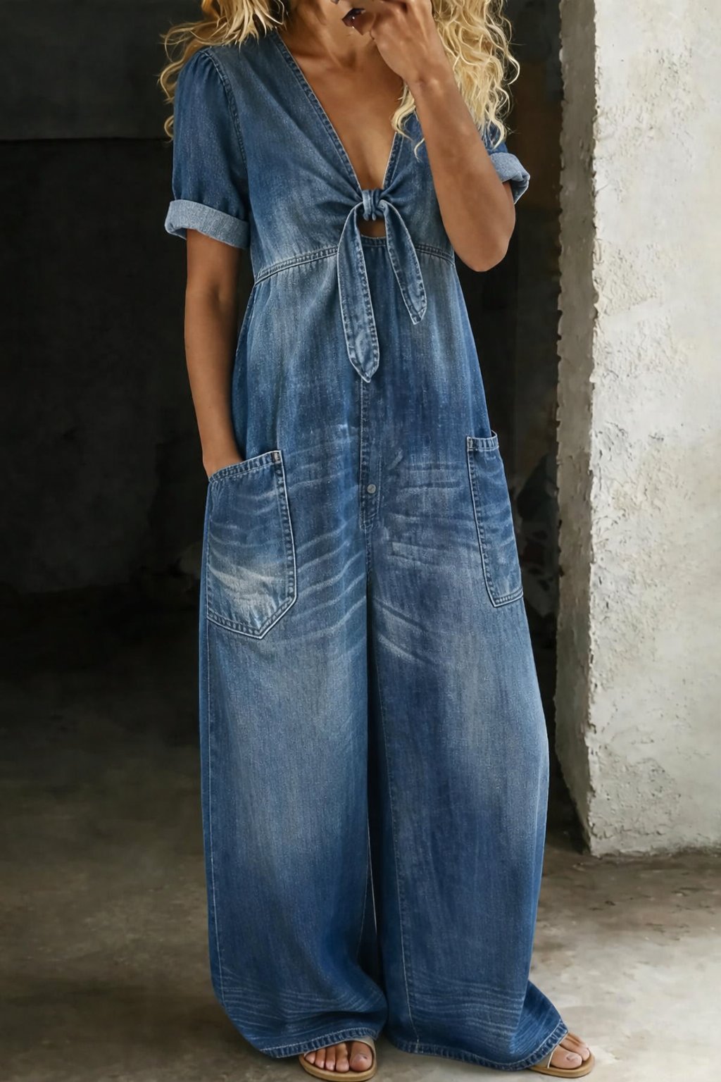 Tie-Front Denim Wide-Leg Jumpsuit with Pockets