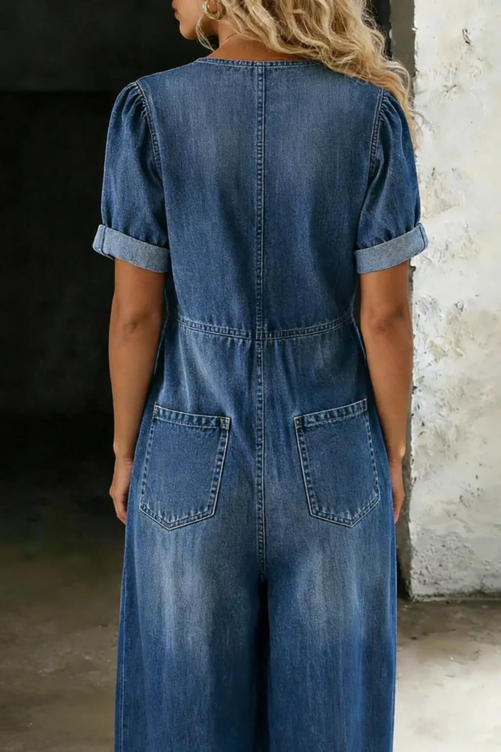 Tie-Front Denim Wide-Leg Jumpsuit with Pockets