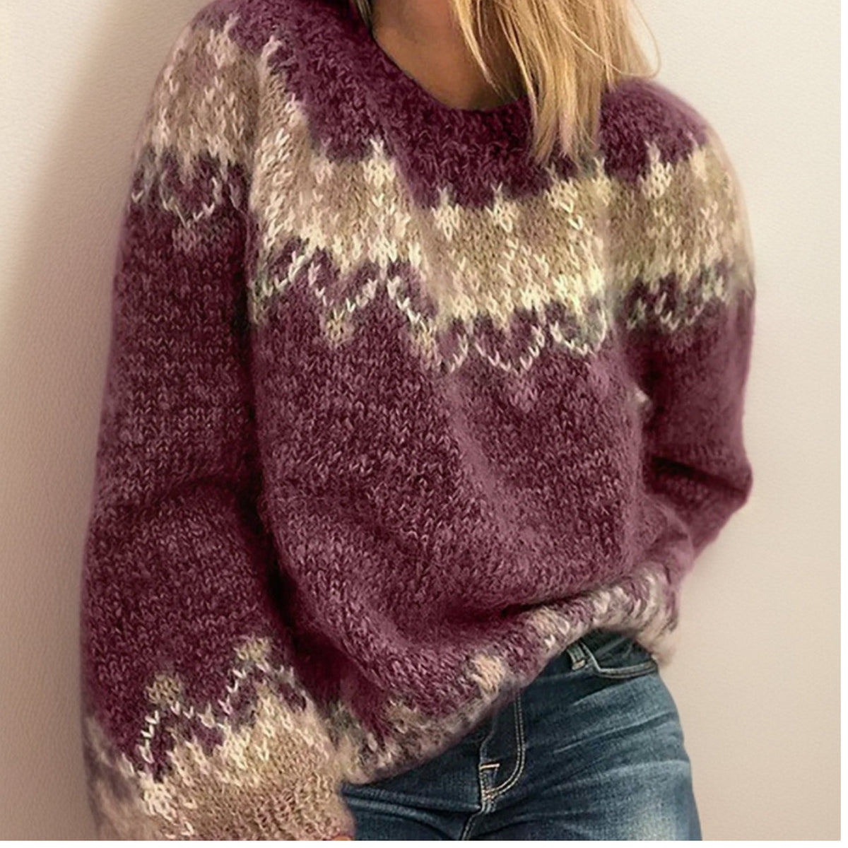 Women's Fair Isle knit sweater with crew neckline, long sleeves and patterned yoke