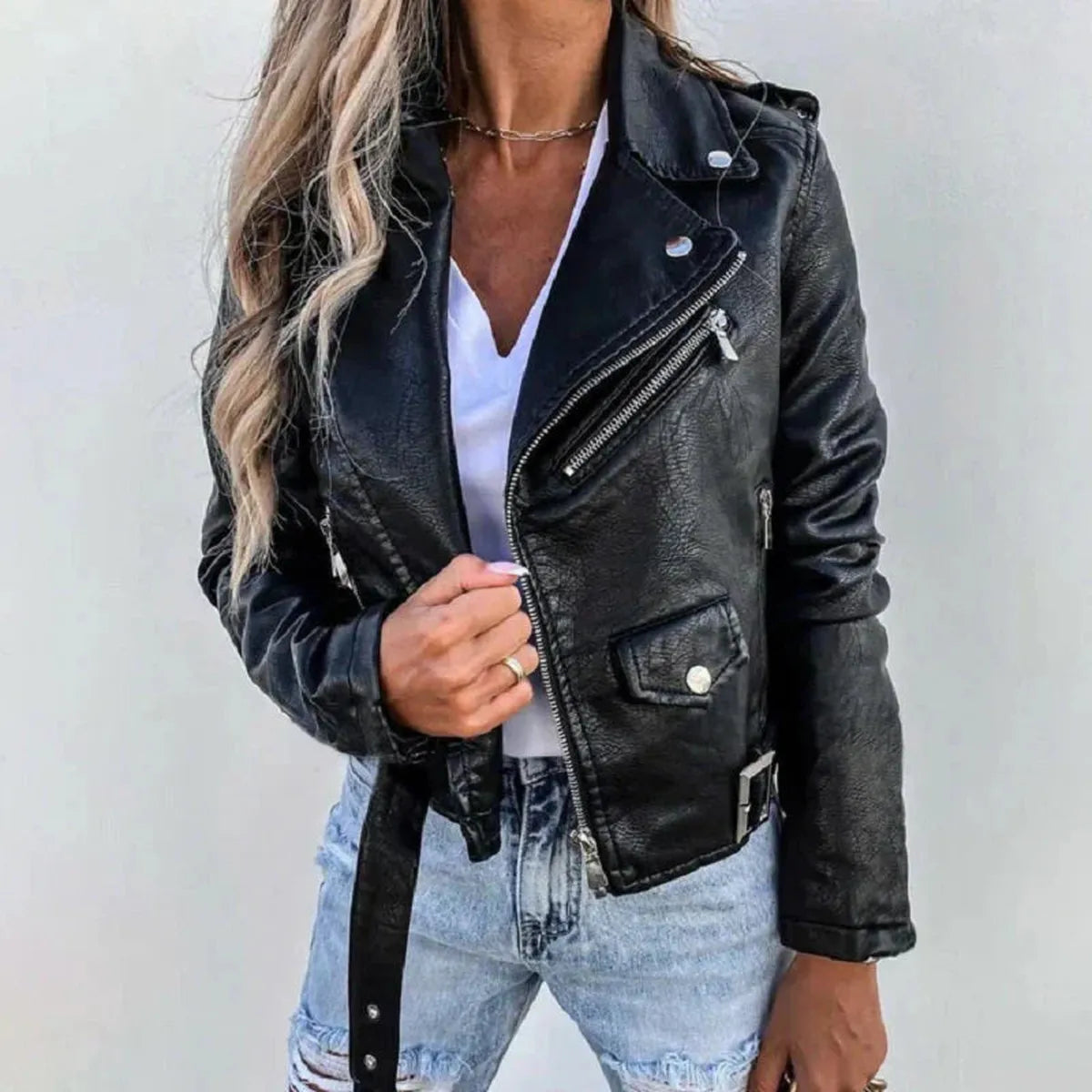 Women's Cropped Asymmetric Zip Biker Jacket