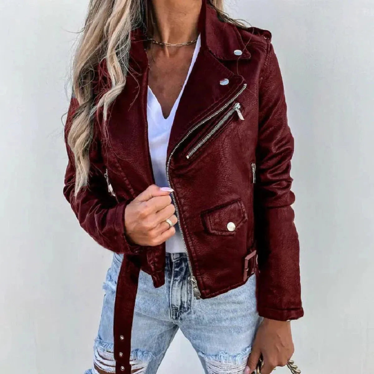 Blouson biker court asymétrique zippé pour femme