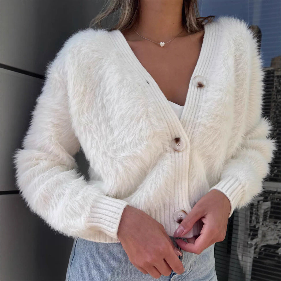 Women's Fuzzy Cropped Button-Front Knit Cardigan