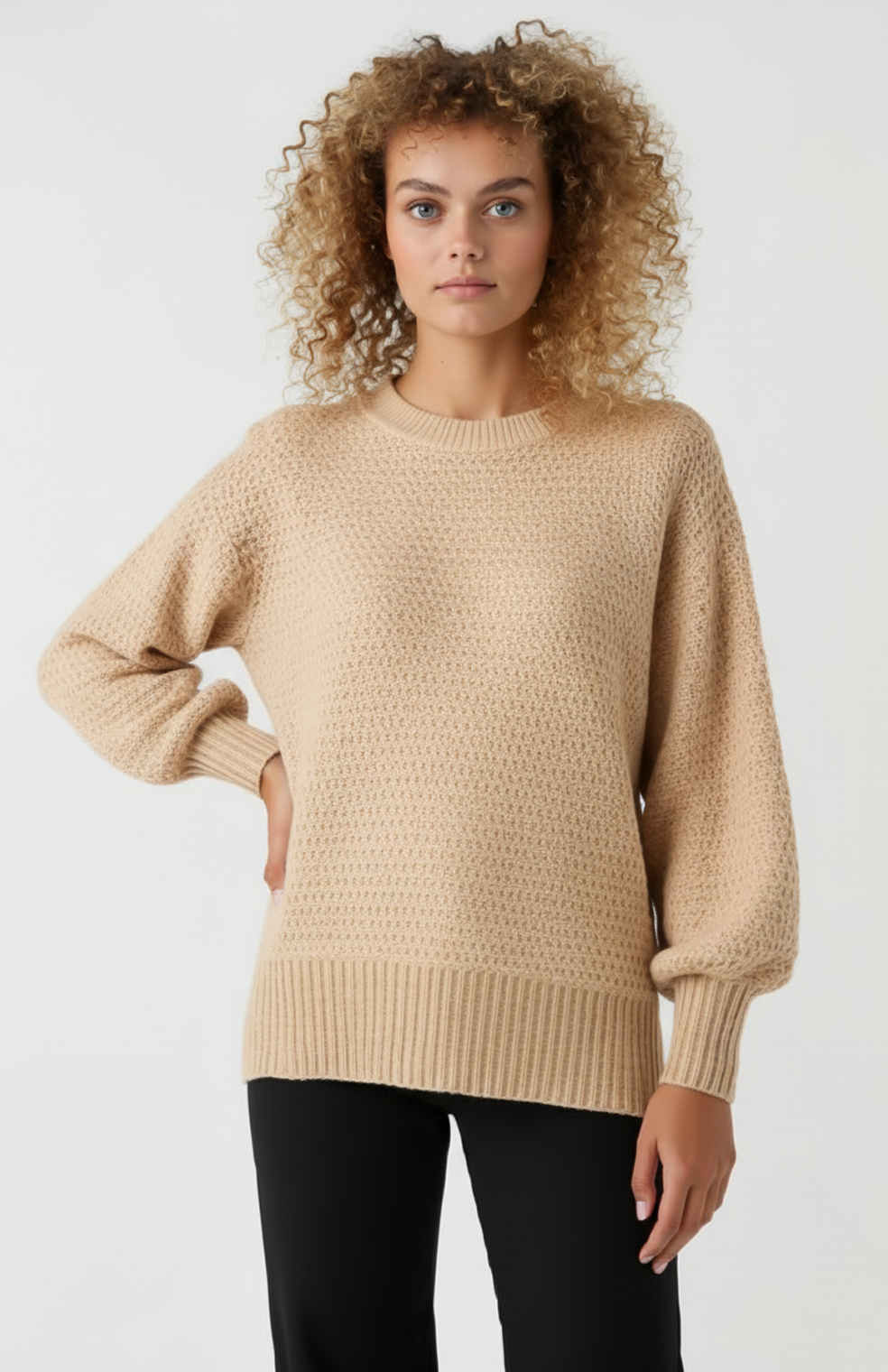 Women's beige waffle knit sweater with mock neck and balloon sleeves