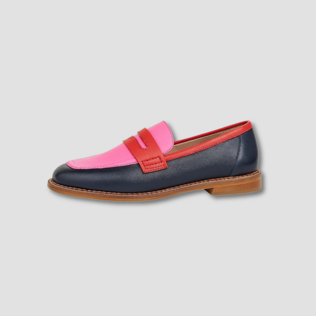 Women's color-block penny loafers with navy, pink and red panels and low heels