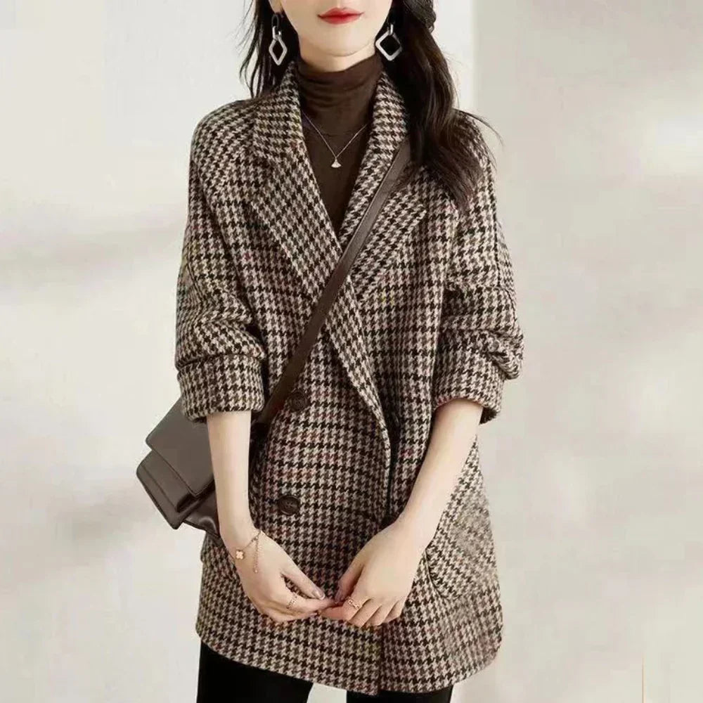 Women's Houndstooth Double-Breasted Relaxed Coat
