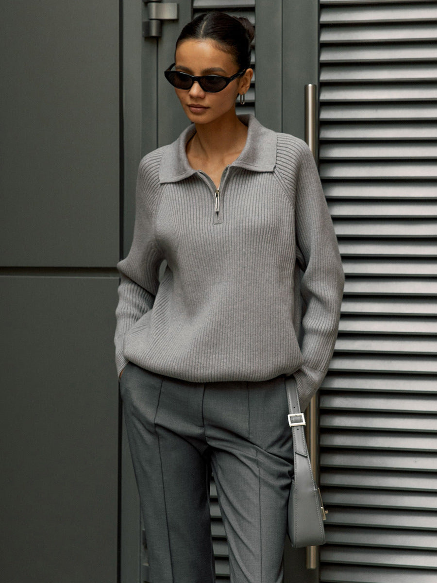 Pull en maille côtelée pour femme à col zippé mi-hauteur