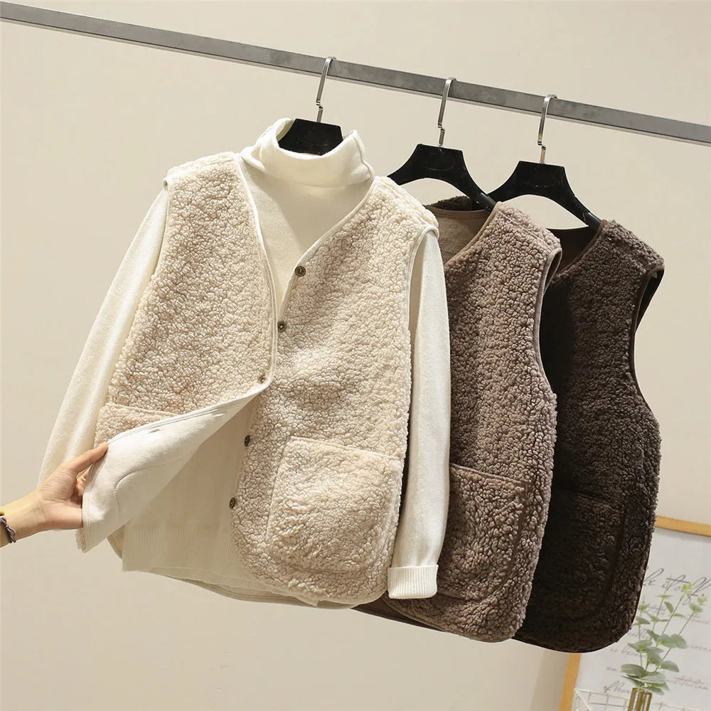 Gilet boutonné en fausse peau de mouton pour femme