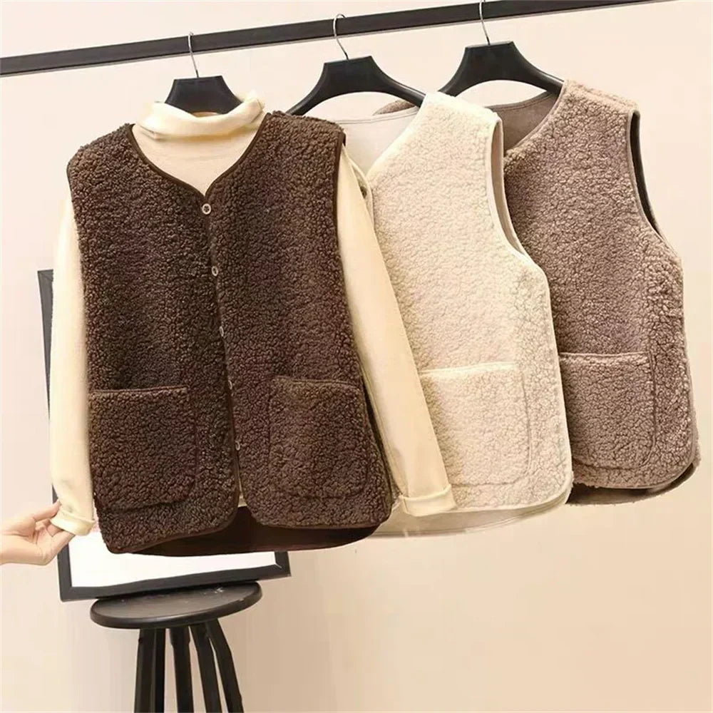 Gilet boutonné en fausse peau de mouton pour femme