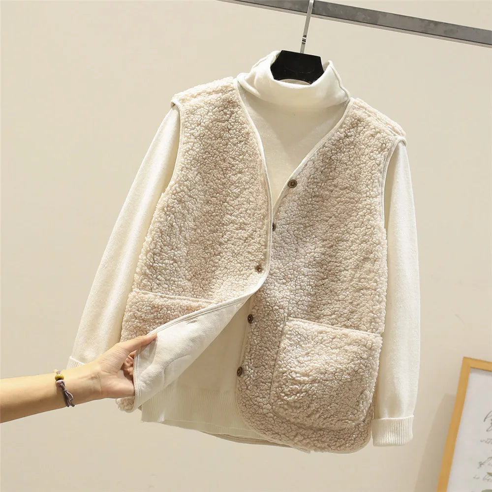 Gilet boutonné en fausse peau de mouton pour femme